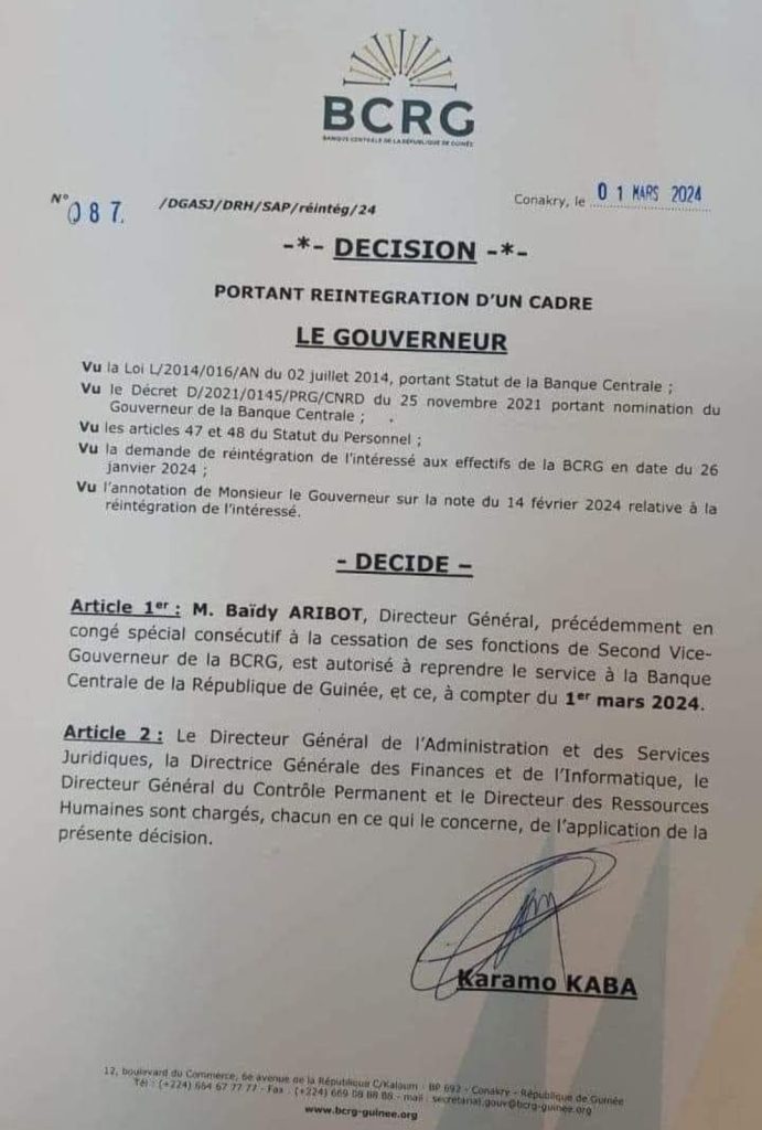 BCRG : Baïdy Aribot autorisé de reprendre fonction